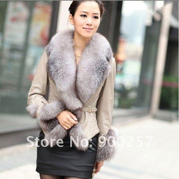 Stylish Real Leather Jacket with Real Fox fur Trims, Beige XXL