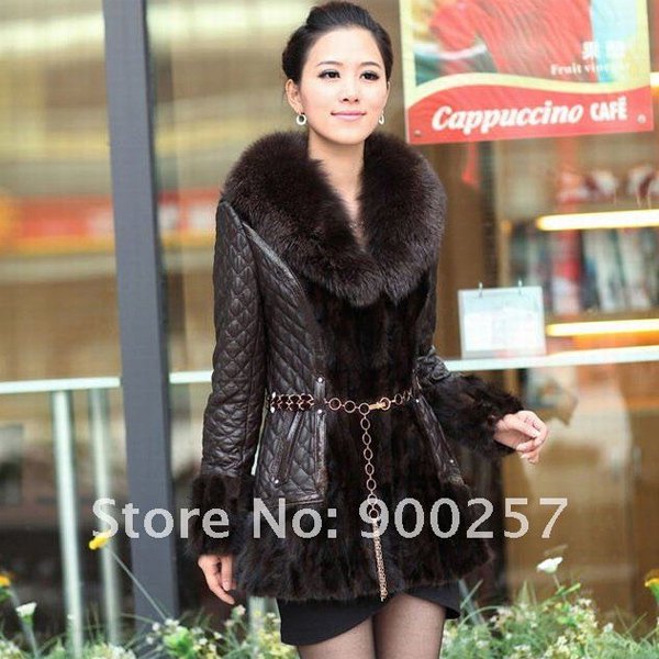 Diamond Patterned Lamb Leather Coat, REAL Mink fur Trimming & Fox Collar, Brown M