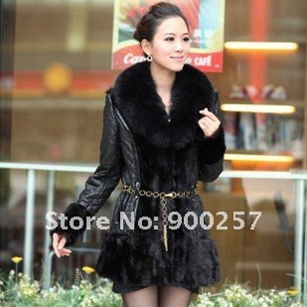 Diamond Patterned Lamb Leather Coat, REAL Mink fur Trimming & Fox Collar, Black XL