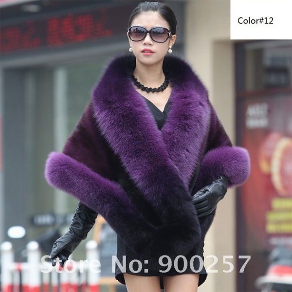 Luxuy Large Genuine REAL Mink Fur Shawl with Fox Trim Dark Purple