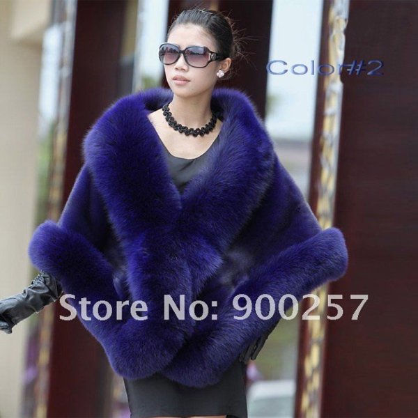 Luxuy Large Genuine REAL Mink Fur Shawl with Fox Trim Dark Blue