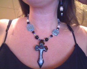 Lampwork glass cross, pearl, crystal Jewelry set