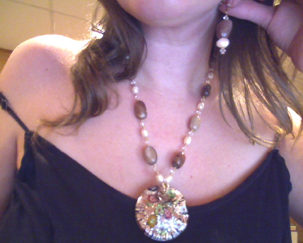 Lampwork glass donut pendant , jasper, pearl & crystal Set
