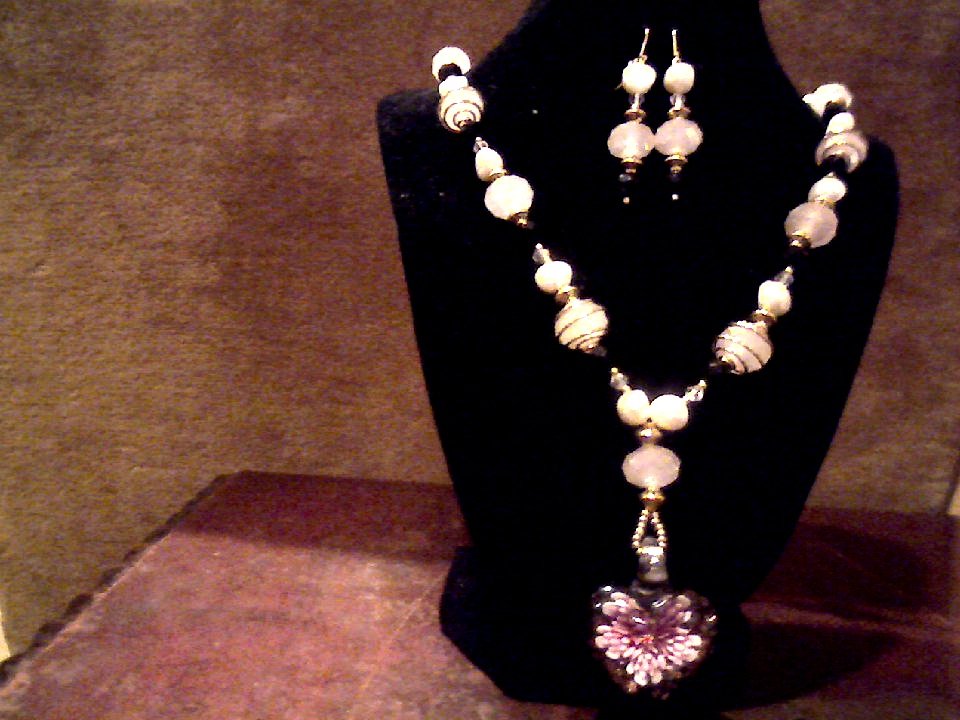 Lampwork glass pendant, Swarovski crystal and pearl ~Set