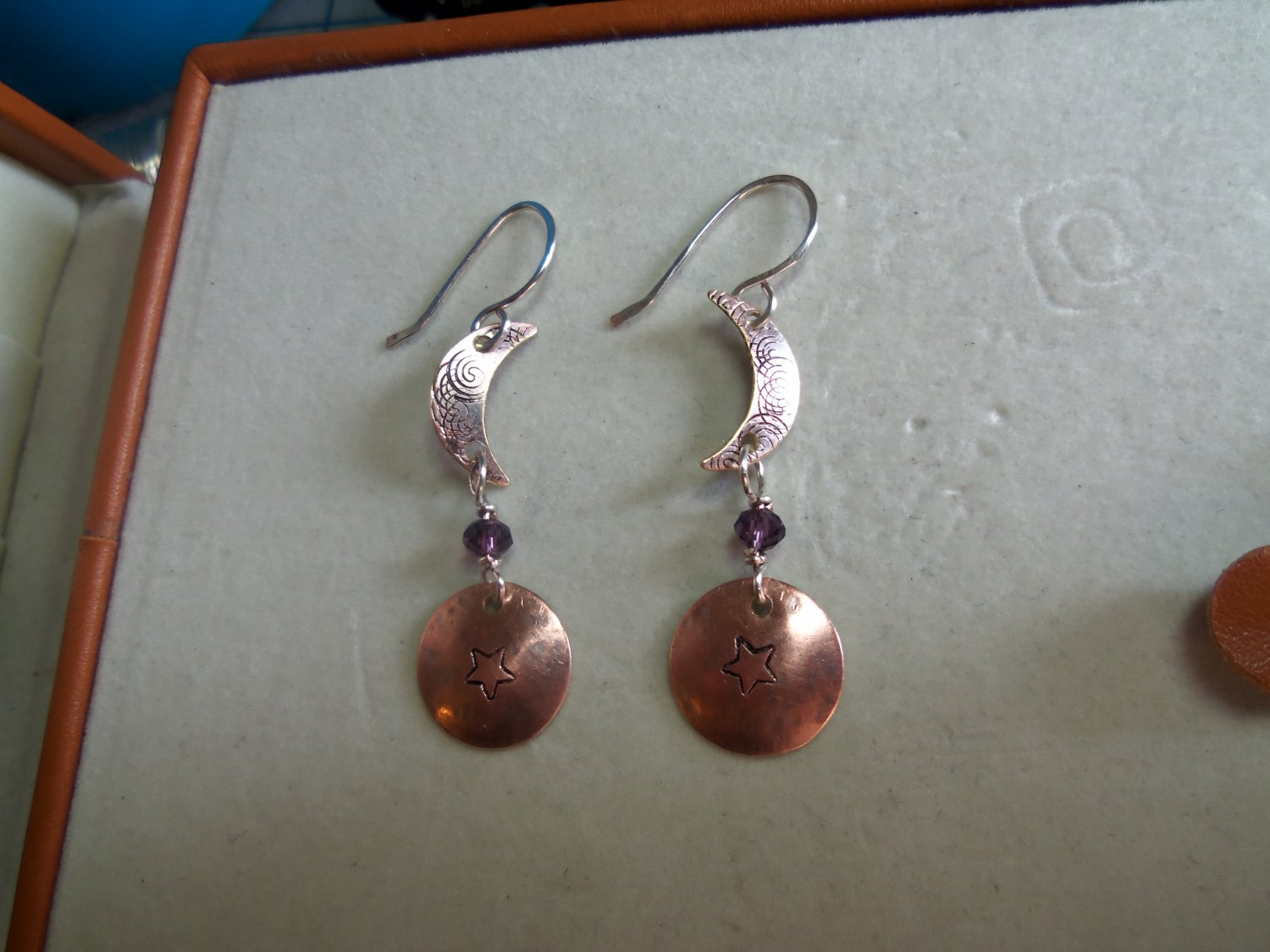 Copper crecent moon and star with crystal bead earings