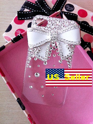 3D Bling Iced Out Crystal Iphone 4 4s 4gs Protector Back Cover Case White Bow at&t Verizon 4 4g