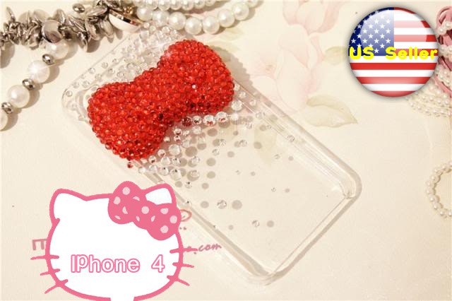 Iced Out Hello Kitty Red big Bow Style Bling Crystal Verizon Sprint Iphone 4 4S Clear Back Case