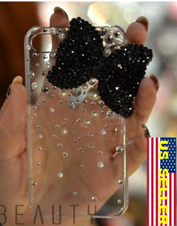 Iced Hello Kitty Black Bow Style Bling Crystal Pearl Verizon Sprint Iphone 4S 4g 4gs Clear Back Case