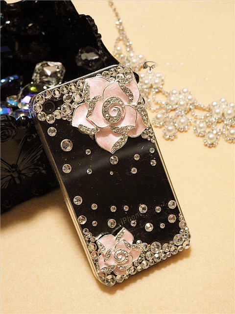 Verizon Sprint Iphone 4 4S Clear Back Case Iced Out Bling Bling 3D Pink Rose