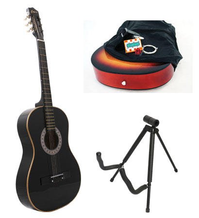 Black Acoustic Guitar + Stand + Case + Strap + Tuner + Pick
