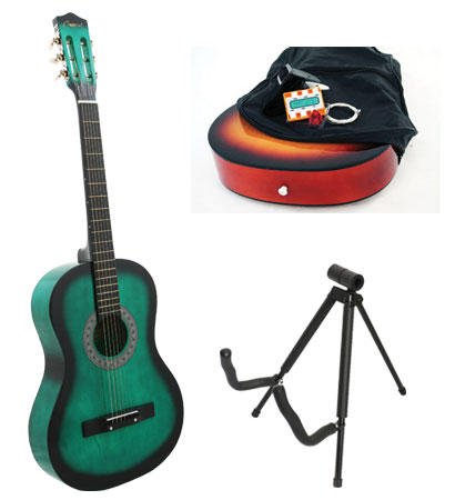 Green Acoustic Guitar + Stand + Case + Strap + Tuner + Pick
