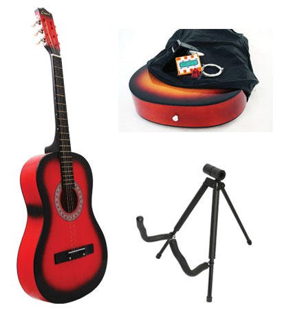 Red Acoustic Guitar + Stand + Case + Strap + Tuner + Pick