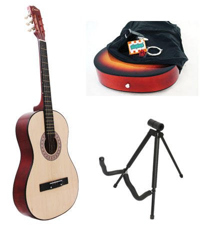 Natural Acoustic Guitar + Stand + Case + Strap + Tuner + Pick