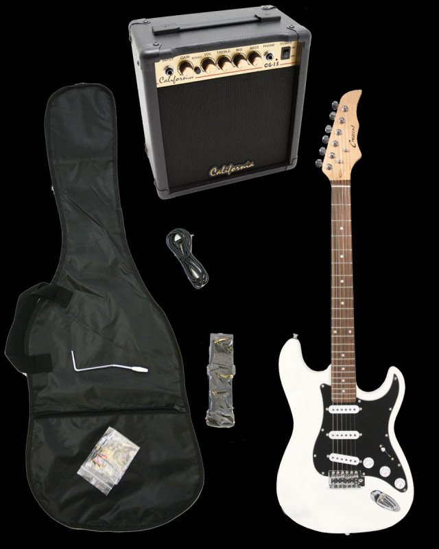 White Electric Guitar + 15w Amp + Gig Bag + Cord + Whammy Bar + Strap + Picks