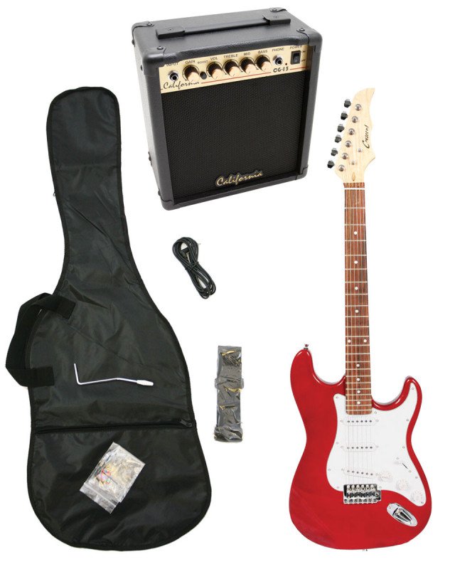 Red Electric Guitar + 15w Amp + Gig Bag + Cord + Whammy Bar + Strap + Picks