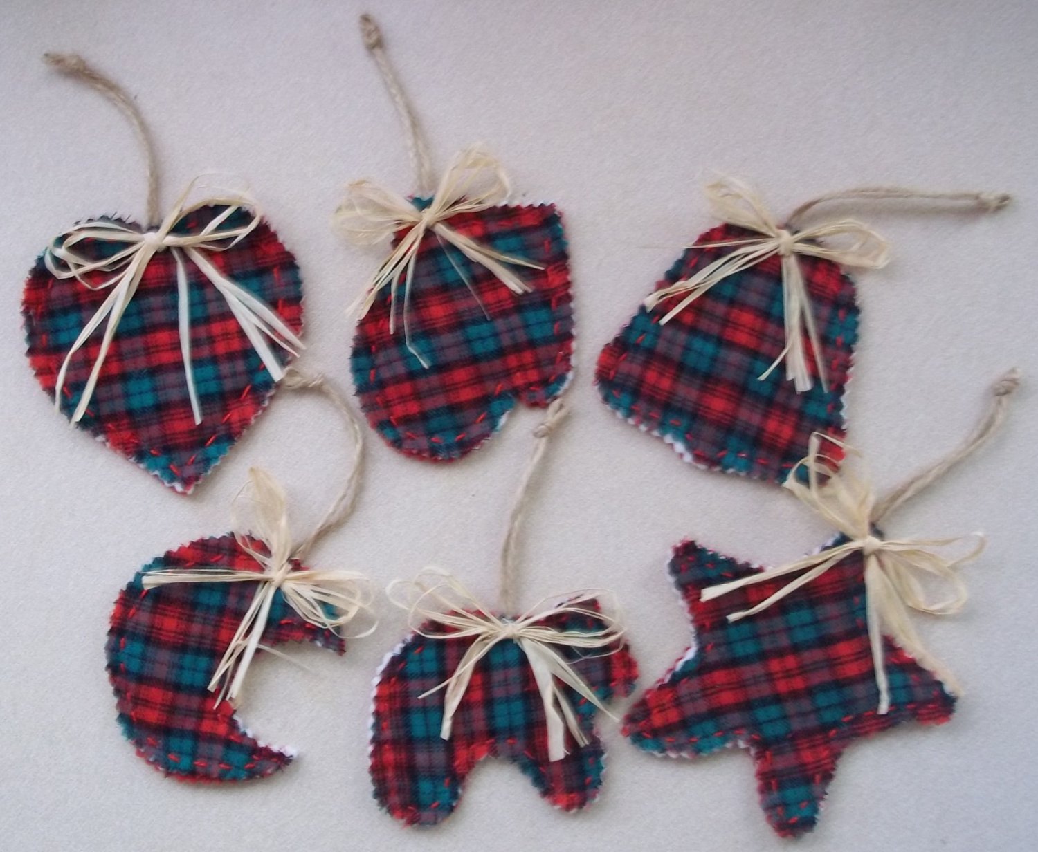 Set of six North Woods Christmas Ornaments red and green wool and felt