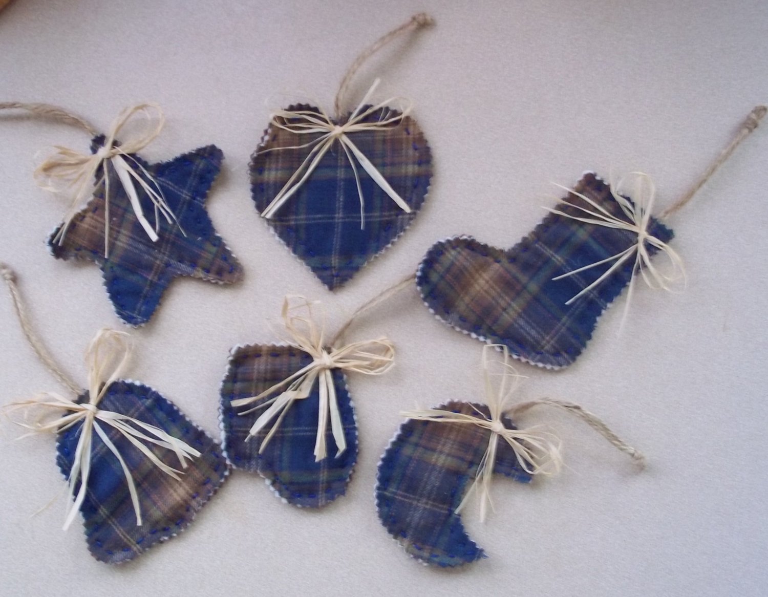 Set of six North Woods Christmas Ornaments blue and brown flannel