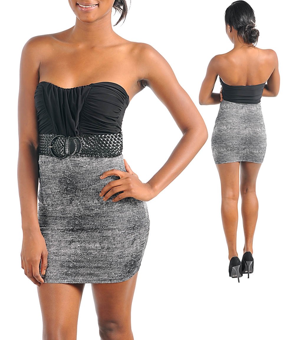 Sexy Black Gray Evening Belted Dress