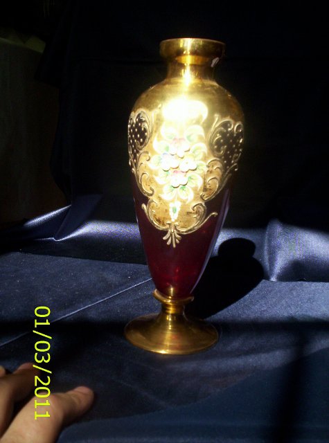 Glass vase, handpainted, red with gold embellishments