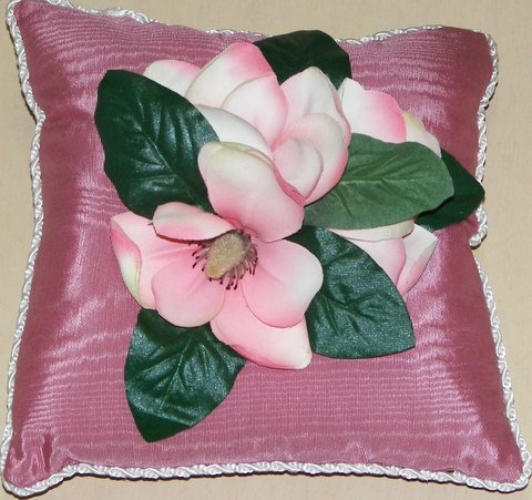 Mauve Moiré Pillow with Magnolia Flower