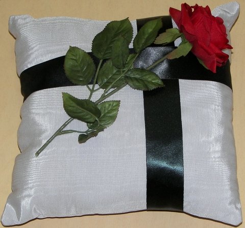 Silver Moiré Pillow with Red Rose