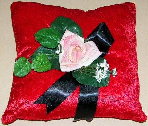 Red Crushed Velvet Pillow with Pink Rose