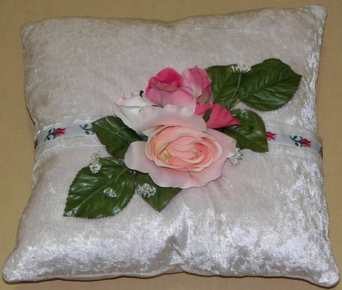 White Crushed Velvet Pillow with Pink Roses
