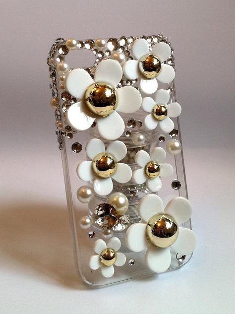 Rhinestones Pearls Phone Case W/ Daisies Deco for iPhone 4