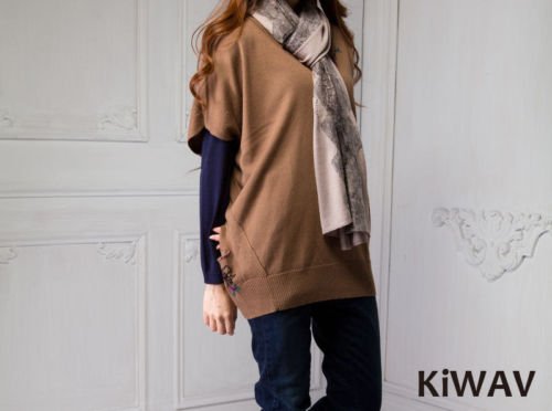 Women Ladies Camel V-neck Batwing Sleeve Merino Wool Knitwear Knit Sweater Top