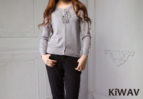 Wool Knitwear Button-front Crew Neck Long Sleeve Gray Cardigan Knit Sweater Top
