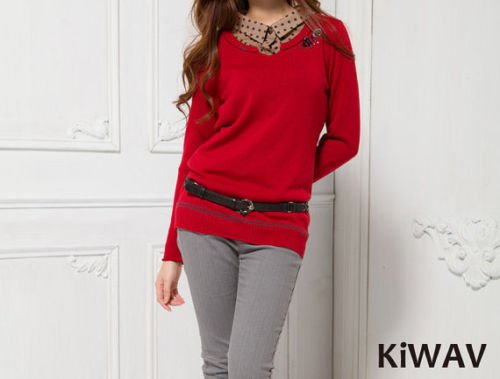 Merino Wool Red Long Sleeve Pullover V-neck Knit Sweater Top Knitwear Women