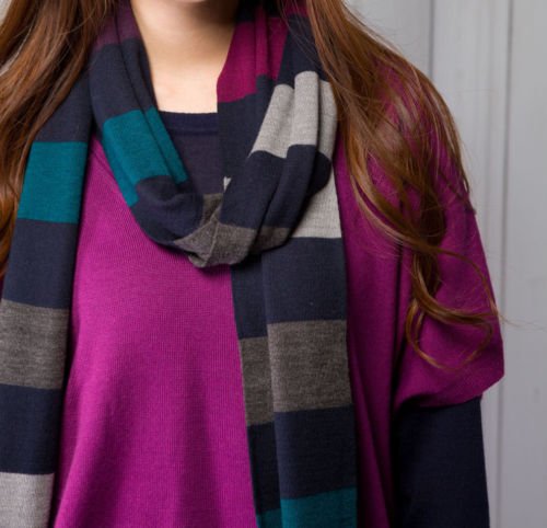 Extra-fine Merino Wool Warm Cozy Multicolored (blue/black/gray) Striped Scarf