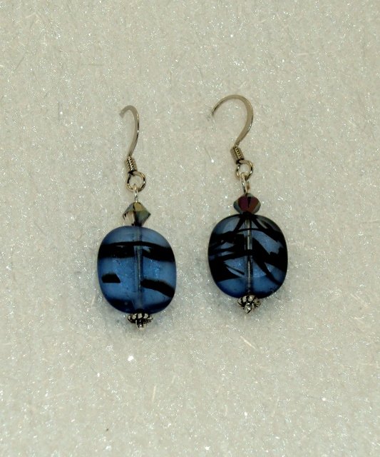 Blue and black swirls glass bead earrings