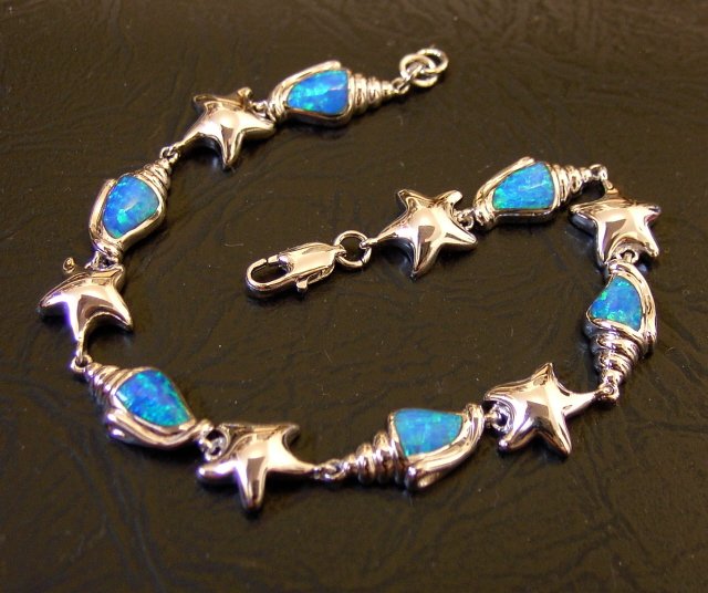 Silver Starfish and Opal Seashell Link Bracelet