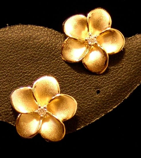 14kt Gold Hawaiian Plumeria Flower CZ Earrings, Large