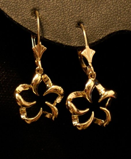 14kt Gold Hawaiian Plumeria Flower Lever Back Earrings, Large