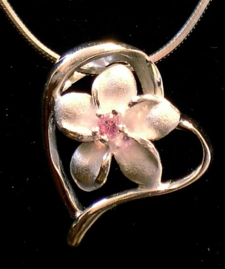 Silver Plumeria Flower and Heart Pendant