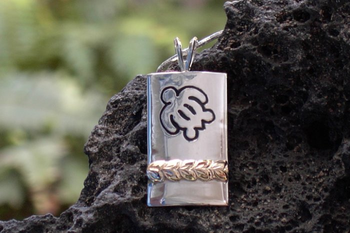 Silver and gold Hawaiian Honu (turtle) and maile vine pendant