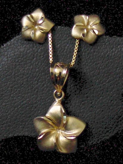 14kt Gold Hawaiian Plumeria Flower Earrings, Penadant & Chain