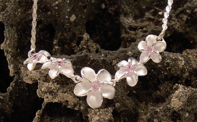 Silver Hawaiian Plumeria Flower, Pink CZ Necklace