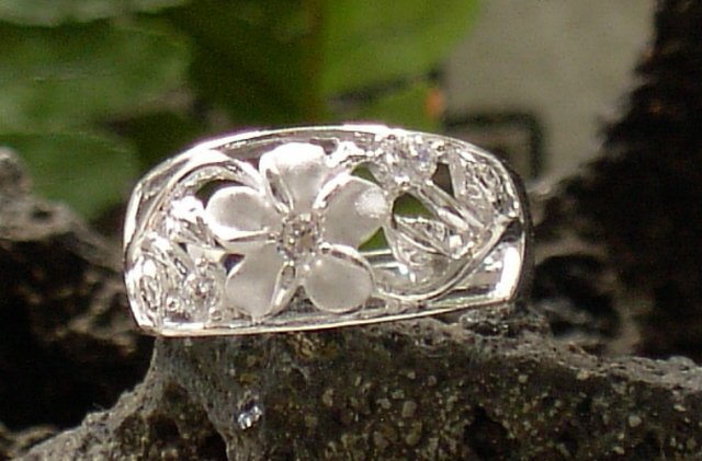 Silver Hawaiian Plumeria & Maile Leaf Ring, sz. 7.50