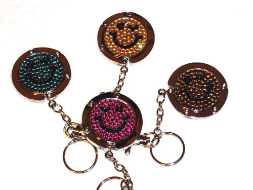 Foldable Crystal happy face handbag hook Purse Hanger & keychain 4pcs Wholesale