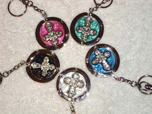 New Foldable Crystal Cross Pattern Bag hanger Purse Hook & Key Chain Nice gift