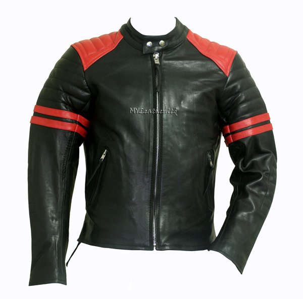 Fight Club Mayhem Black Leather Jacket with Red stripes