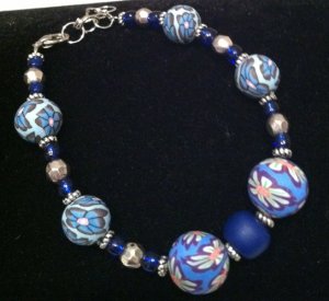 Blue Polymer Clay, Metal & Glass bracelet