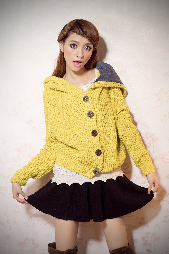 Coarse Button up Sweater with hood#6711