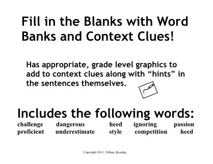 Reading: Fill In the Blanks with Context Clues Vocabulary Sentences in PDF