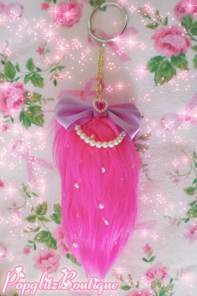 Kawaii Hot Pink Kitty Neko Kitten Fox Faux Fake Fur Tail Keychain