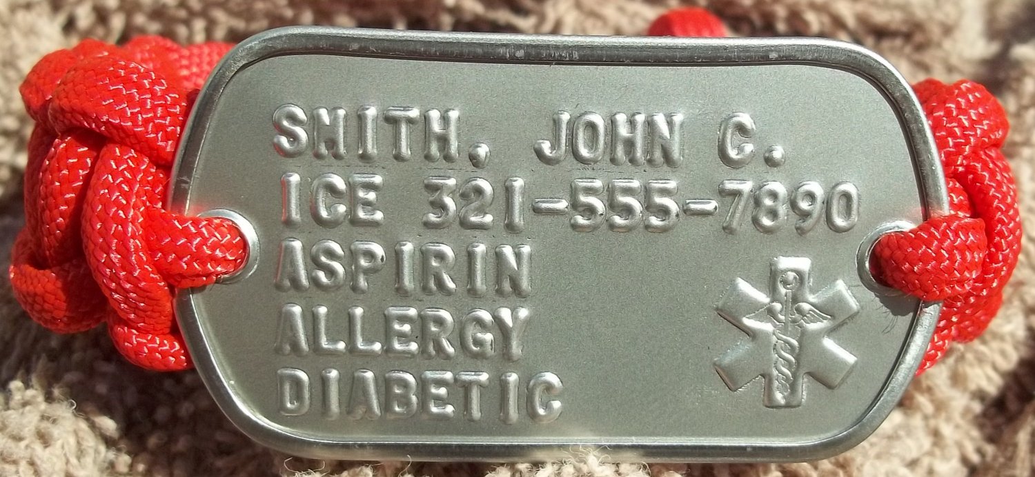 Custom Survival Paracord Bracelet with Custom MEDICAL Dogtag