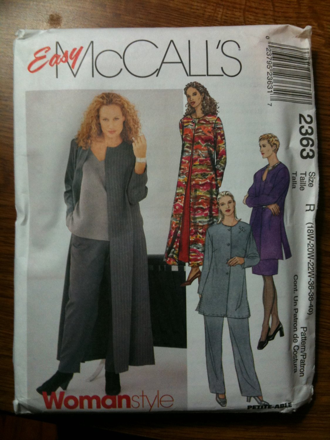 McCall's 2363 Women's Unlined Duster or Jacket, Dress in Two Lengths or Top and Pants Size K